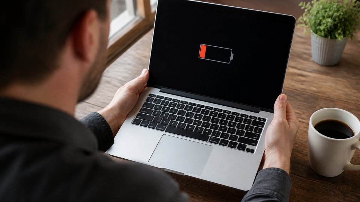 Close-up of a person's hands holding a MacBook with a visible battery warning icon on the screen, sitting at a wooden desk with a coffee mug nearby