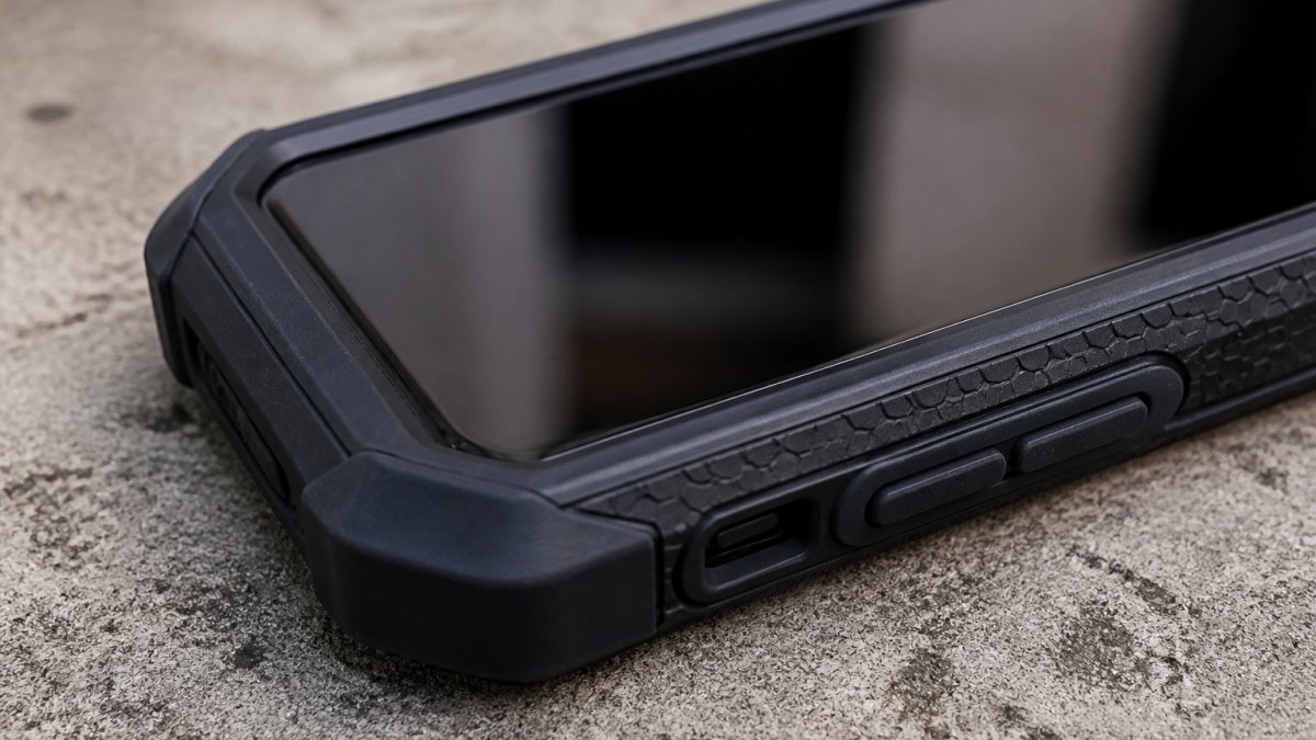 Diagram showing how a shock-absorbent case and raised bezel help prevent cracked screens during a drop.