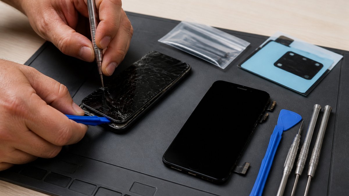 Close-up of hands using a small screwdriver and plastic opening tool to carefully separate a cracked iPhone screen from its frame on a clean repair mat, with replacement screen and adhesive strips nearby