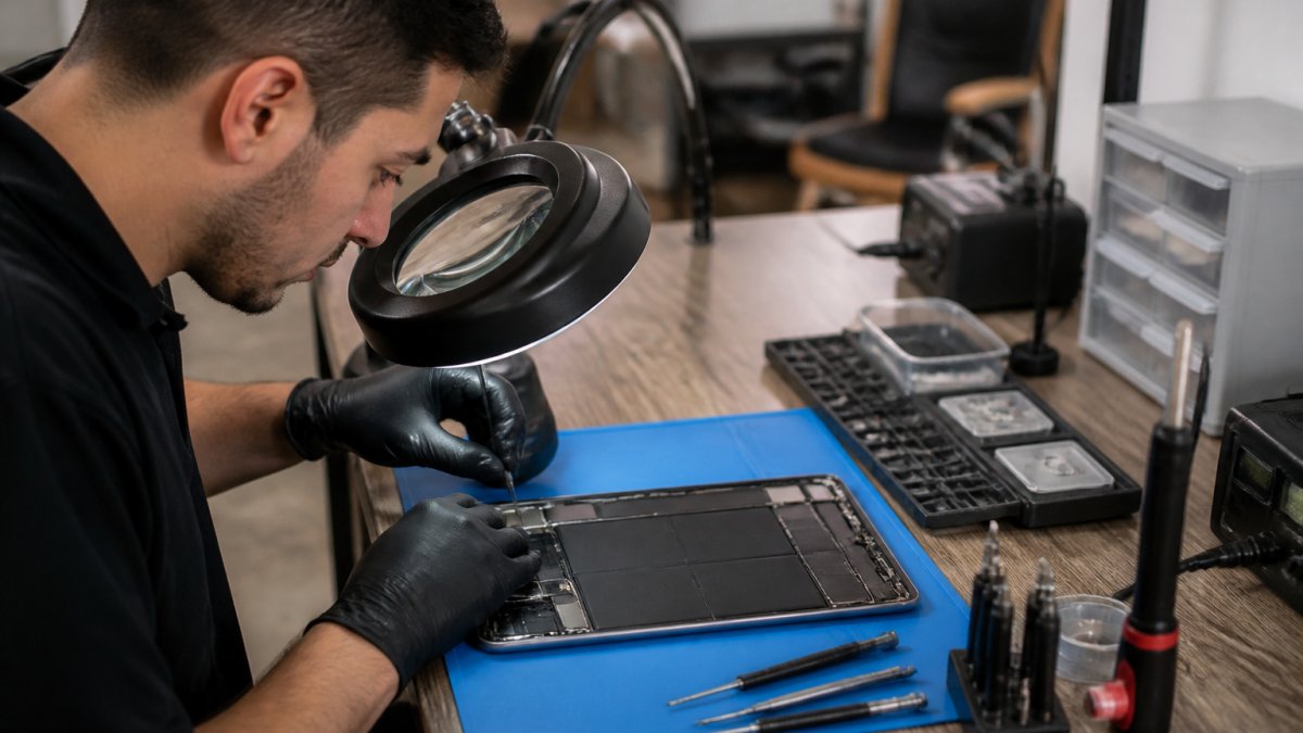 Technician carefully examining an iPad charging port with a magnifying lamp and precision tools on a workbench, close-up of connector inspection