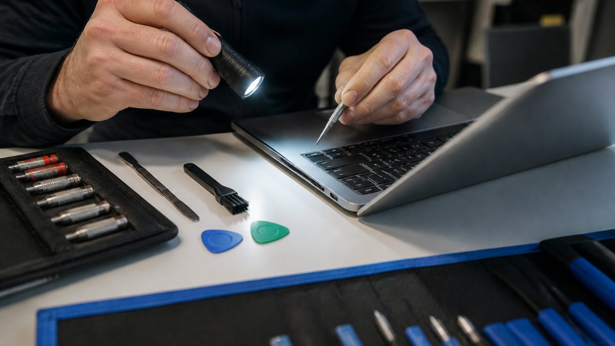 Close-up of a technician's hands inspecting a laptop charging port with a small flashlight and precision tools on a clean repair bench