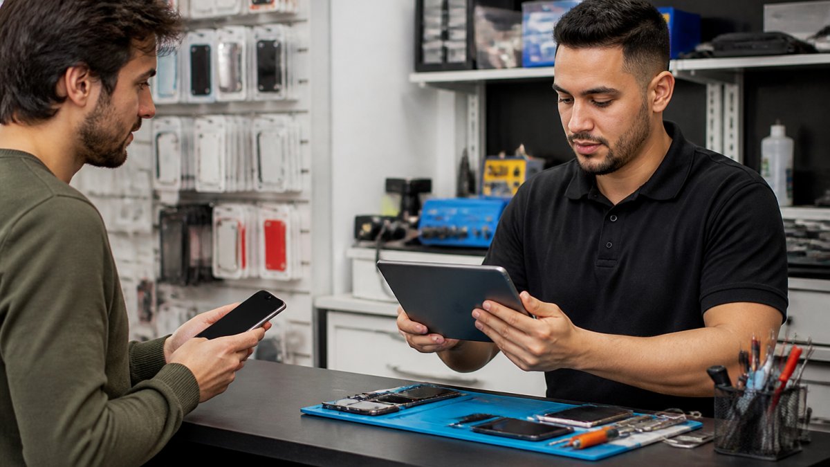 A customer at a repair shop counter holding a smartphone while a technician in a clean workshop reviews a booking screen on a tablet, repair tools and device parts visible in the background, soft indoor lighting