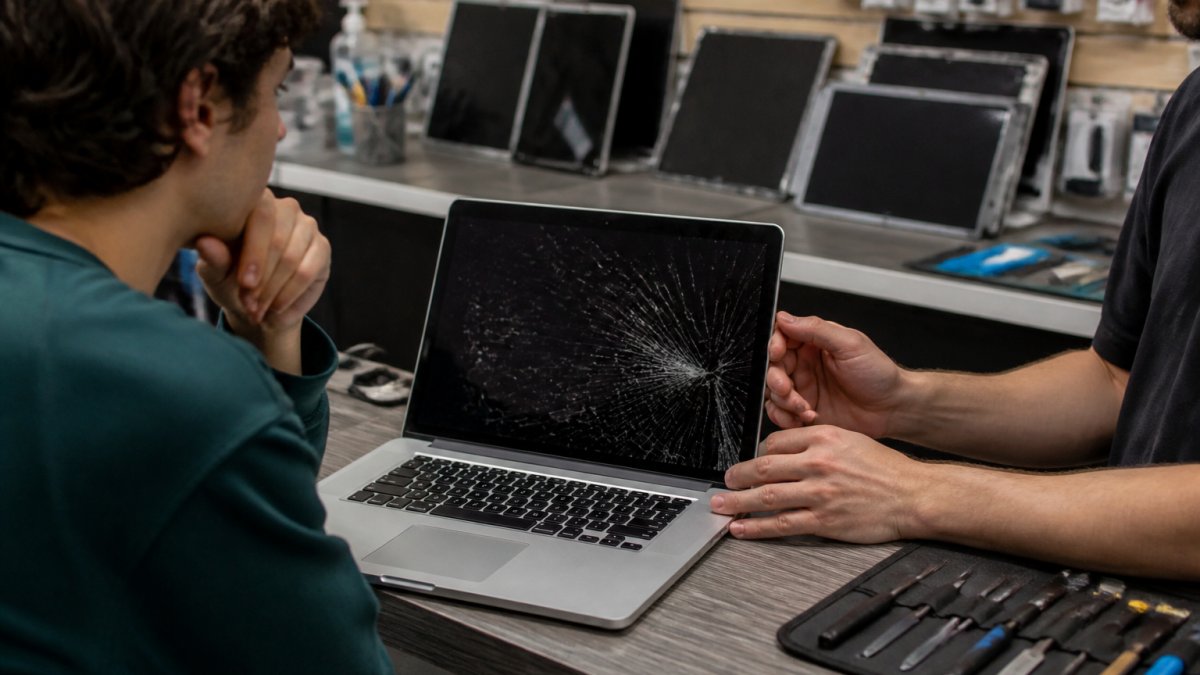 A person examining a MacBook Pro with a cracked screen on a repair shop counter, technician tools and replacement display assemblies visible in the background